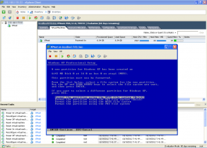 The vSphere Client with the installation of Windows XP going on...